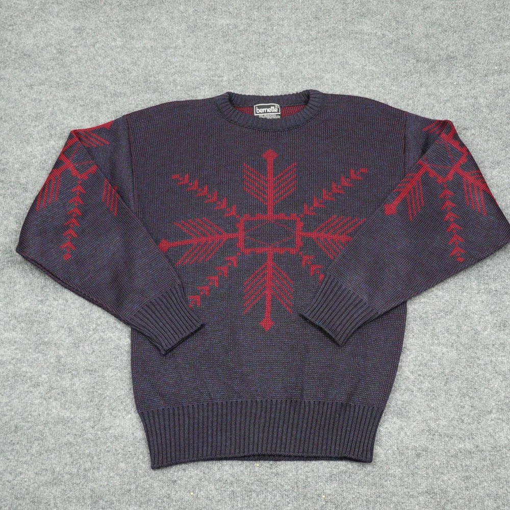 Vintage Bernette Sweater Mens Small Navy Red Geometric Snowflake Knit USA Made